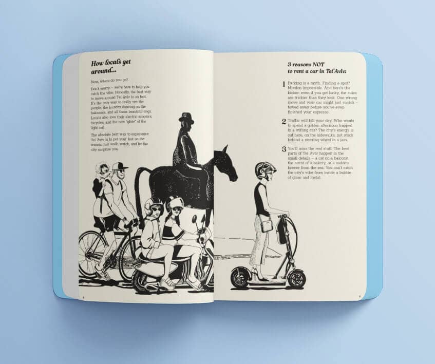 Tel Aviv City Stories - How Locals Get Around Spread Illustrated book page spread from Tel Aviv City Stories showing local transport like scooters, bicycles, and horses.