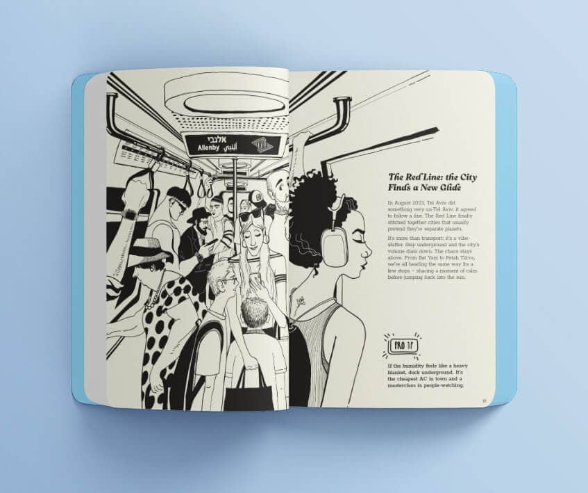 Tel Aviv City Stories - Light Rail Allenby Spread Black and white ink illustration of the Tel Aviv Light Rail Allenby station from the book Tel Aviv City Stories.