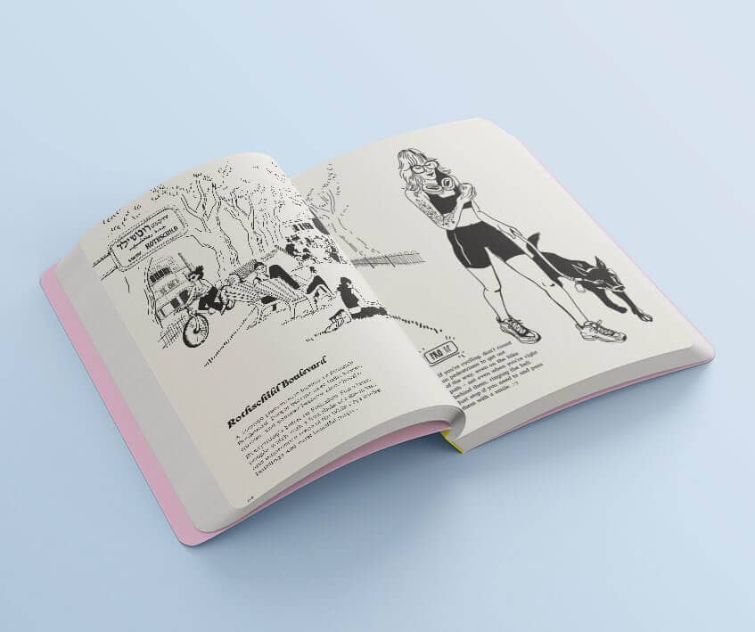 Tel Aviv City Stories - Rothschild Boulevard Spread Ink illustration of Rothschild Boulevard from the Tel Aviv City Stories book spread, showing a girl cycling and walking a dog.