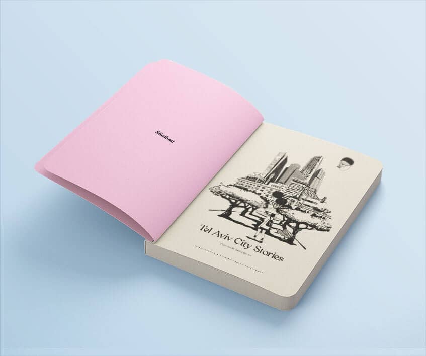 Tel Aviv City Stories - Intro Title Page Spread Introductory title page of Tel Aviv City Stories activity book with a pink page saying Shalom and an ink sketch of the city skyline.